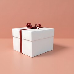 Blank White Gift Box Mockup with Maroon Ribbon on Matching Background, 3D Render of White Present Box Tied with Maroon Bow on Solid Background