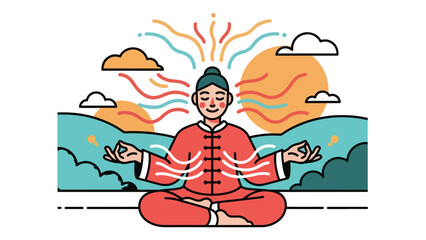 Taoist breathing and energy cultivation practice illustrated in clean flat vector style, calm posture and focus, ideal for wellness, meditation, and health education