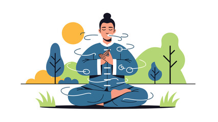 Taoist breathing and energy cultivation practice illustrated in clean flat vector style, calm posture and focus, ideal for wellness, meditation, and health education