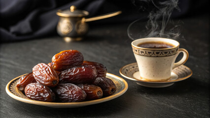 Traditional Middle Eastern coffee and dates on a decorative plate and cup.