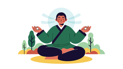 Taoist breathing and energy cultivation practice illustrated in clean flat vector style, calm posture and focus, ideal for wellness, meditation, and health education