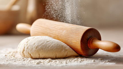Baking preparation with rolling pin and rising dough on floured surface