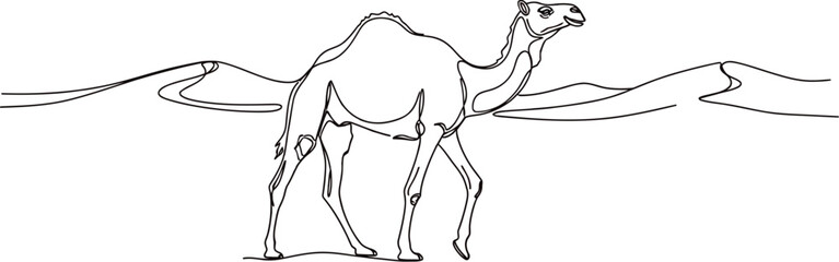Single line drawing of a camel walking through the desert landscape art design