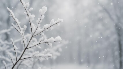 winter branch covered with frost and falling snow in cold frozen forest with soft blurred background