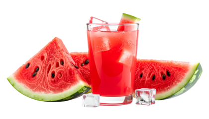 Refreshing watermelon drink with ice cubes, alongside juicy watermelon slices