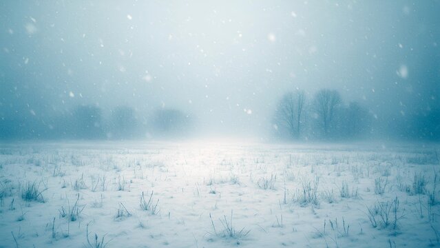 blizzard in open winter field with heavy snowfall cinematic wide shot for dramatic landscape