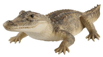Naklejka premium Close-up of a small caiman reptile with textured skin, a long snout, and small paws, isolated on white