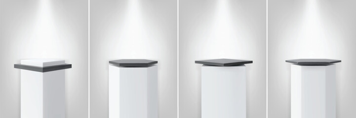White and black cubes square and hexagon shape podium stand with spotlight, 3D presentation pedestals vector set
