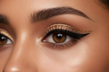 Close up of a womans eye with golden and black winged eyeliner