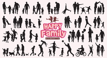 Silhouette of happy family walking together in park or garden. People doing outdoor activities in holiday. Father, mother, son and daughter holding hands. Parents with little baby or children and dog.