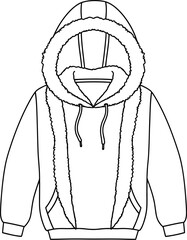 Line drawing of a hoodie with fur trim and a hood for fashion illustration