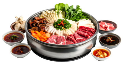 A vibrant hot pot setup featuring fresh ingredients arranged around a central broth with dipping sauces