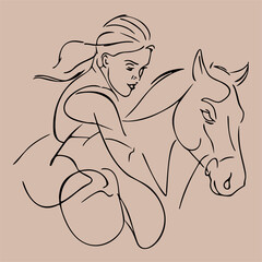 Minimalist line art illustration of woman and horse love, ready to print elements