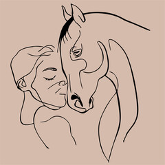 Minimalist line art illustration of woman and horse love, ready to print elements