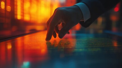Man's hand touching illuminated surface in a modern scene