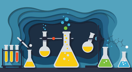 Creative paper art of chemistry lab with beakers and molecules
