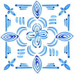 A hand-drawn watercolor blue square with a Mediterranean-style ornament. Blue and white title design in azulejo style use as print, decoration, postcard, element design, textile, package, fabric.