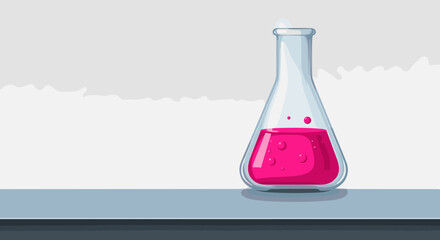 Realistic laboratory flask with pink liquid on a shelf