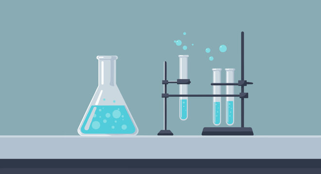 Chemistry lab equipment with liquid in flat design on blue background