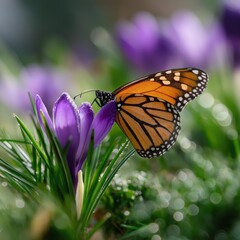 Obraz premium Vibrant monarch butterfly on purple crocus flower in sunlit garden