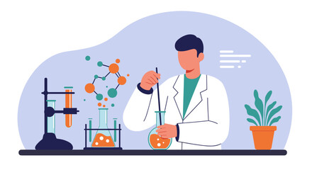 Scientist conducting experiment in laboratory with chemical flasks and molecular structure
