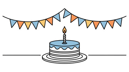 birthday cake with candle and festive bunting flags celebrating party event anniversary and joyful occasion minimal line illustration
