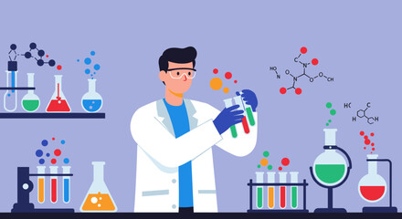 Scientist conducting experiments in modern laboratory with colorful chemical reactions