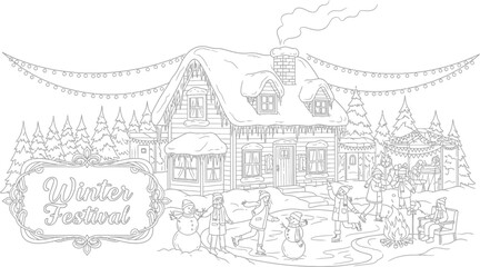 Obraz premium Winter festival scene with snow covered house and people skating on ice rink