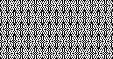 Black and white seamless geometric pattern with repeating abstract motifs, clean modern design suitable for textile, wallpaper, fabric, and graphic backgrounds.
