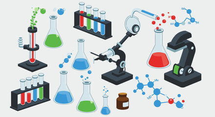 Isometric chemistry lab equipment with molecular structures and test tubes