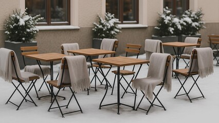 Obraz premium Winter outdoor cafe scene with snow-covered seating and blankets arranged on chairs
