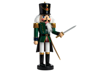 Wooden figurine soldier in green uniform, holding a sword