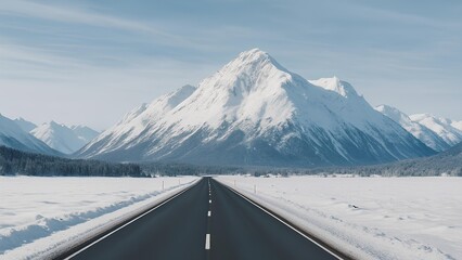 Winter road trip scene with snowy mountains and clear highway leading toward distant peaks in a wide panoramic landscape