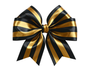 Close-up of a satin bow with black and gold stripes, tied in the center