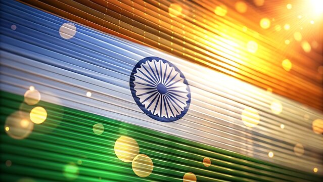 Dynamic, close-up view of the Indian flag with shimmering texture and bokeh lights, evoking patriotism and national pride.