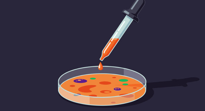 Isometric petri dish with dropper and colorful microorganisms on dark background