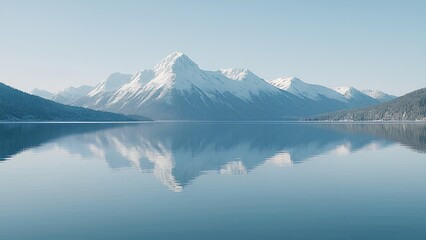 A tranquil winter lake reflecting snow-capped mountains against a serene, sweeping landscape