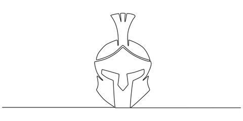 Continuous one line drawing of spartan helmet. Medieval, greek, roman, traditional, protection concept. Editable stroke vector, Continuous one line drawing of roman warrior helmet mask. One line pro.