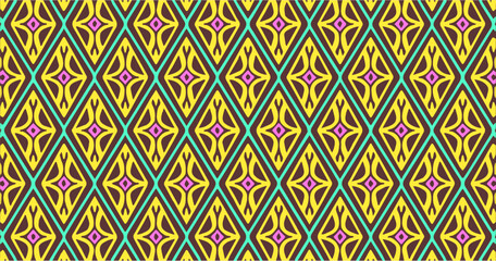 Colorful seamless geometric ethnic pattern with diamond shapes, vibrant decorative design ideal for textile, fabric, wallpaper, and modern surface backgrounds.