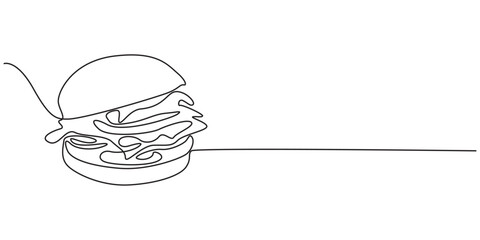 continuous one line of delicious sandwich burger fast food or junk food. Sketch drawing editable stroke concept vector illustration for meal cafe or restaurant