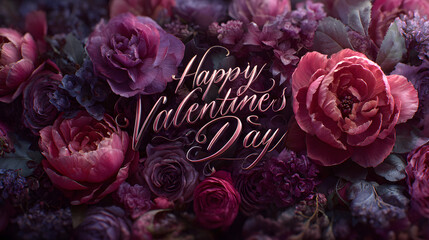 Happy Valentineâs Day inscription on a dark floral background.