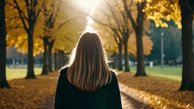 A woman is seen walking down a path in a peaceful park environment