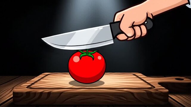 Cartoon Hand with Knife Ready to Slice Fresh Tomato on a Wooden Cutting Board, Kitchen Food Preparation Illustration