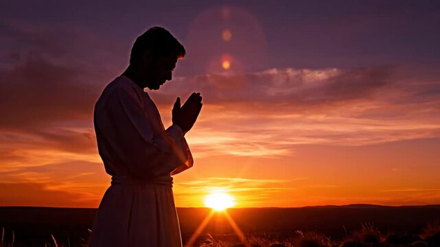 Man in white praying with hands clasped during golden sunset on a hilltop, spiritual concept