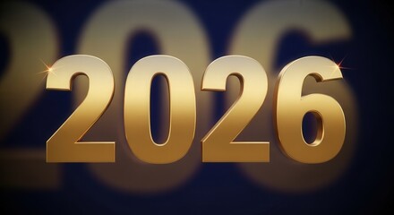 Golden three-dimensional numbers 2026 shining brightly against a dark, blurred background, symbolizing the upcoming year or future event.
