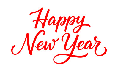 Happy New Year red calligraphic text, festive handwritten script lettering isolated on transparent background. PNG Image