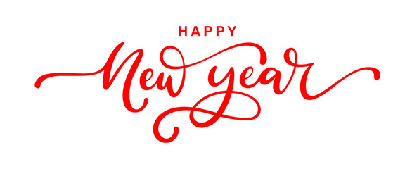 Happy New Year elegant red calligraphic text, festive handwritten script lettering isolated on transparent background, PNG Image
