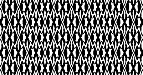 Black and white seamless abstract pattern with sharp repeating motifs, dynamic high contrast design suitable for textile, wallpaper, modern fashion, and graphic backgrounds.