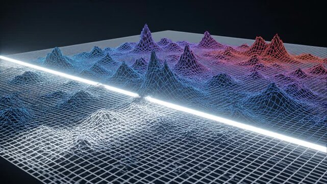 Futuristic 3D data visualization mockup showcasing a vibrant topographic grid with a dynamic light streak, illustrating advanced information processing and abstract digital analytics