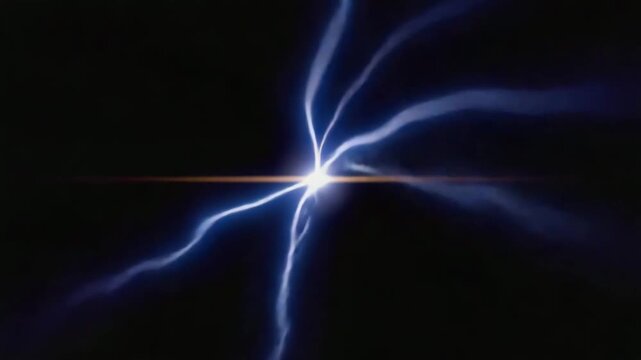 Powerful lightning strike during a storm captured at night in an urban area